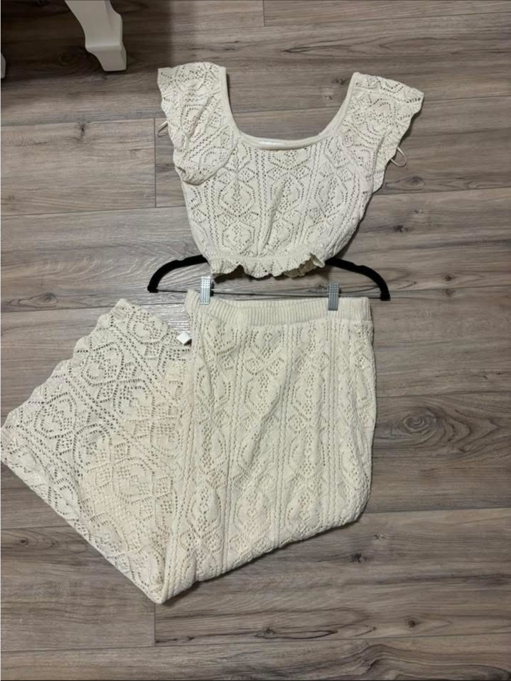 Cream Crochet Two-Piece Set - Knit Crop Top & Skirt